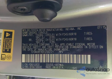 2015 Toyota Highlander Xle V6 из США, поврежденный, VIN 5TDKKRFH5FS100721